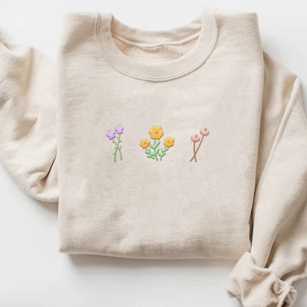 Purple Wildflower Embroidered Sweatshirt 2D Crewneck Sweatshirt Gift For Family