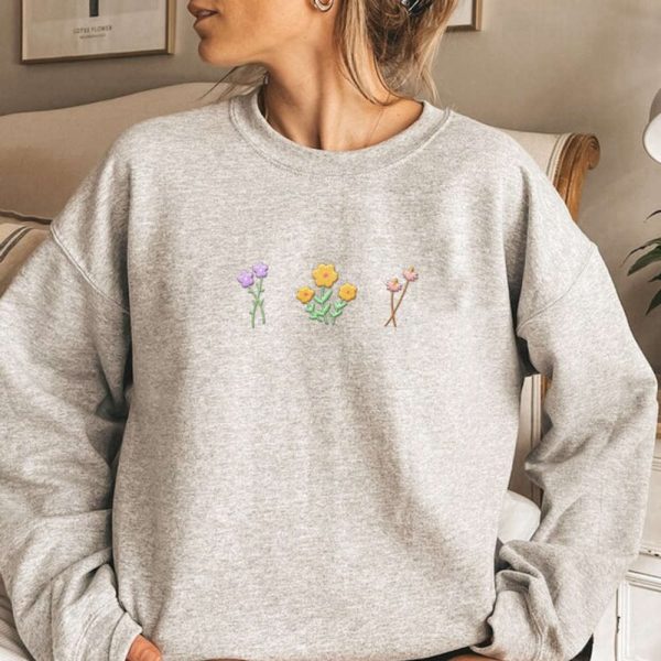 Purple Wildflower Embroidered Sweatshirt 2D Crewneck Sweatshirt Gift For Family