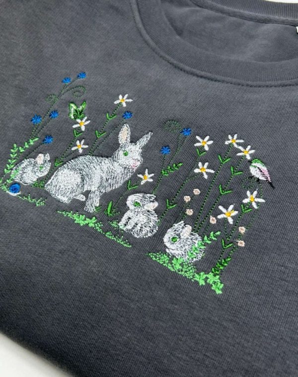 Rabbit Flowers Embroidered Sweatshirt 2D Crewneck Sweatshirt Gift For Family