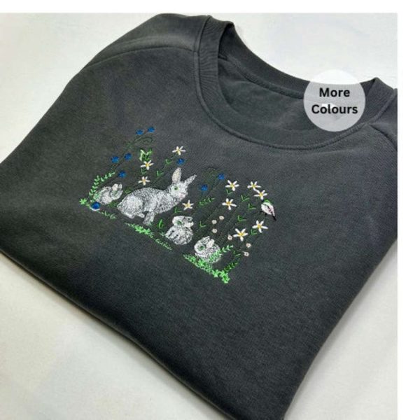 Rabbit Flowers Embroidered Sweatshirt 2D Crewneck Sweatshirt Gift For Family