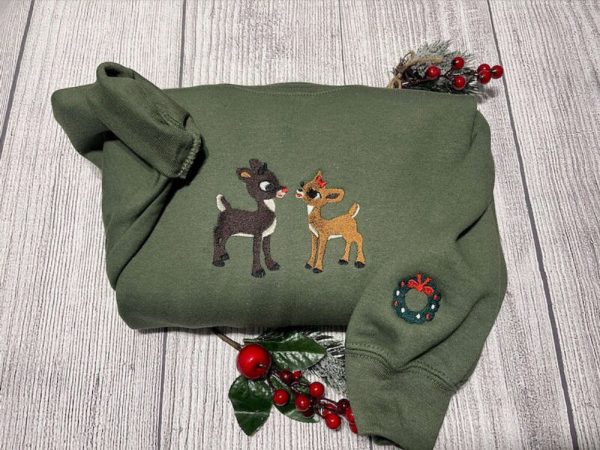 Rudolph and Clarice Embroidered Sweatshirt 2D Crewneck Sweatshirt Gift For Family
