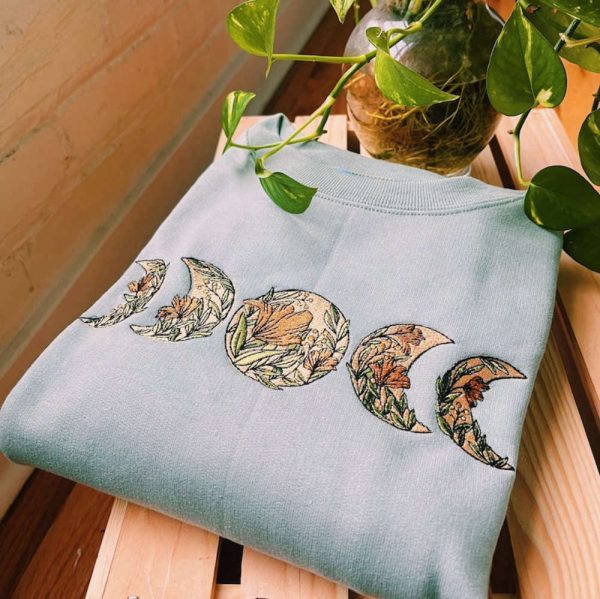 Sage Floral Moon Phase Embroidered Sweatshirt 2D Crewneck Sweatshirt For Family