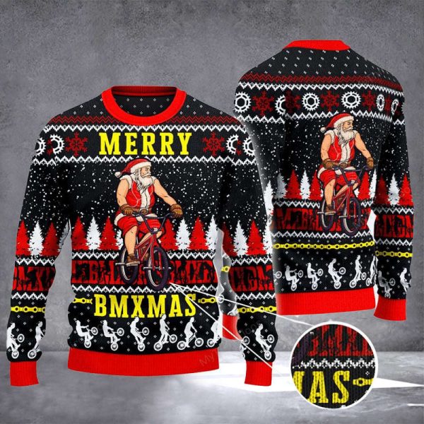 Santa Cycling Merry BMxmas Ugly Christmas Sweater Gift For Christmas 2023