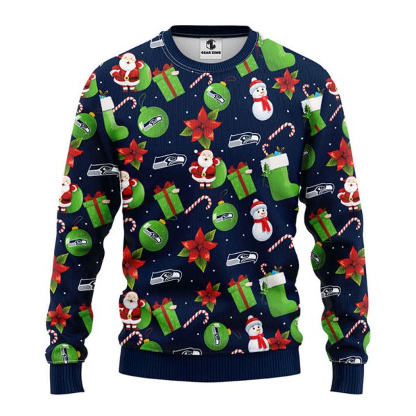 Seattle Seahawks Santa Claus Snowman Christmas Ugly Sweater, Gift For Christmas