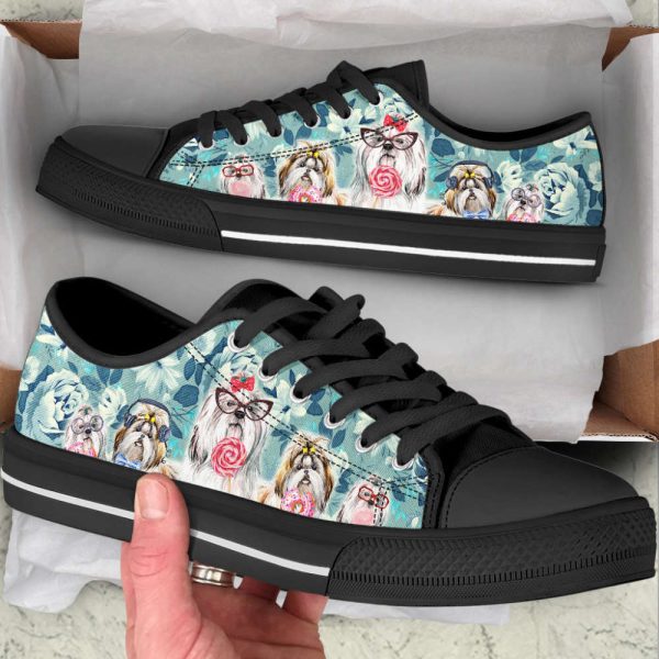 Shih Tzu Dog Flowers Pattern Low Top Shoes Canvas Sneakers Casual Shoes