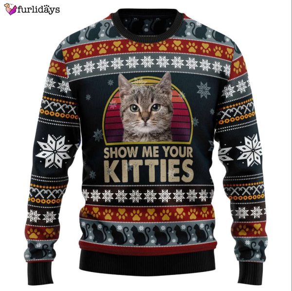 Show Me Your Kitties Ugly Knitted Christmas Sweatshirt, Cat Xmas Sweater, Christmas Sweater, Ugly Christmas Sweater