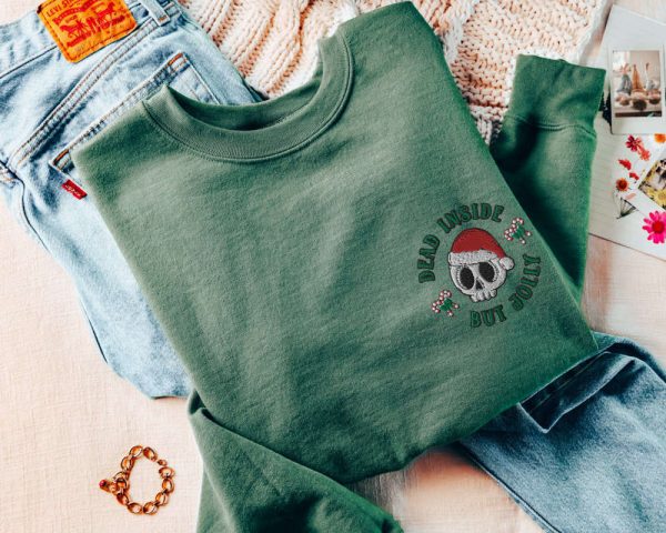 Skull Christmas Sweatshirt Embroidered, Dead Inside But Jolly Sweater Gift Pullover