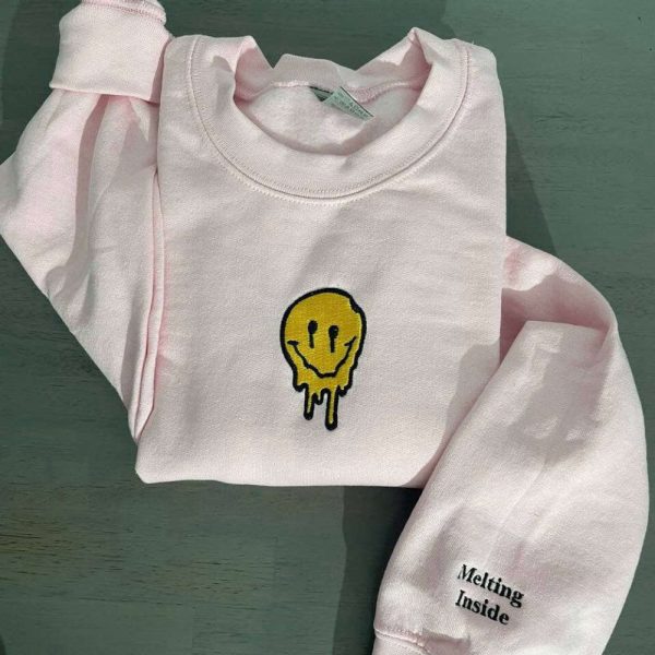 Smiley Face Embroidered Sweatshirt; Melted Smiley Face Crewneck Gift For Family