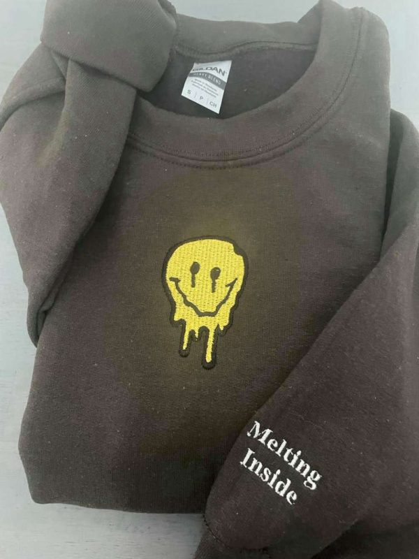 Smiley Face Embroidered Sweatshirt; Melted Smiley Face Crewneck Gift For Family