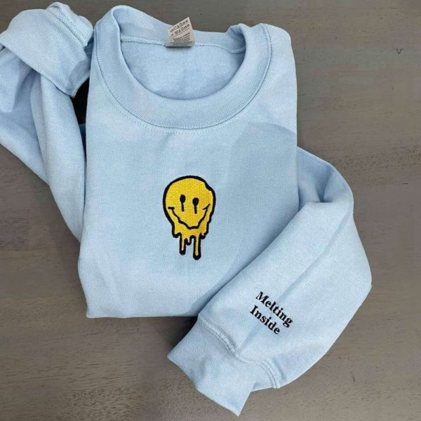 Smiley Face Embroidered Sweatshirt; Melted Smiley Face Crewneck Gift For Family