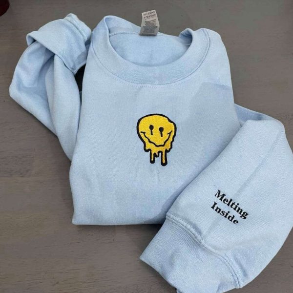 Smiley Face Embroidered Sweatshirt; Melted Smiley Face Crewneck Gift For Family