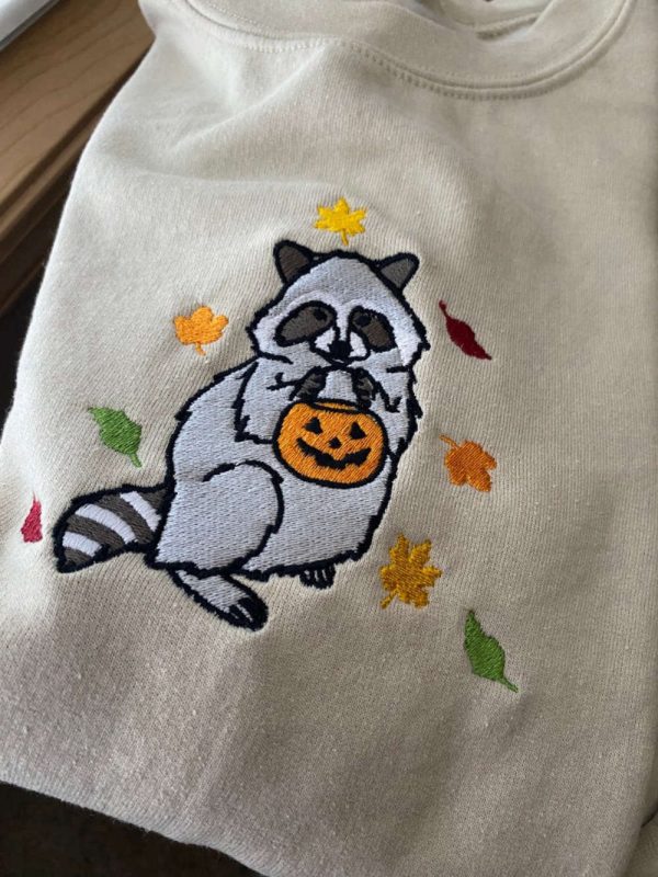 Spooky Raccoon Embroidered Sweatshirt 2D Crewneck Sweatshirt  For Men And Women