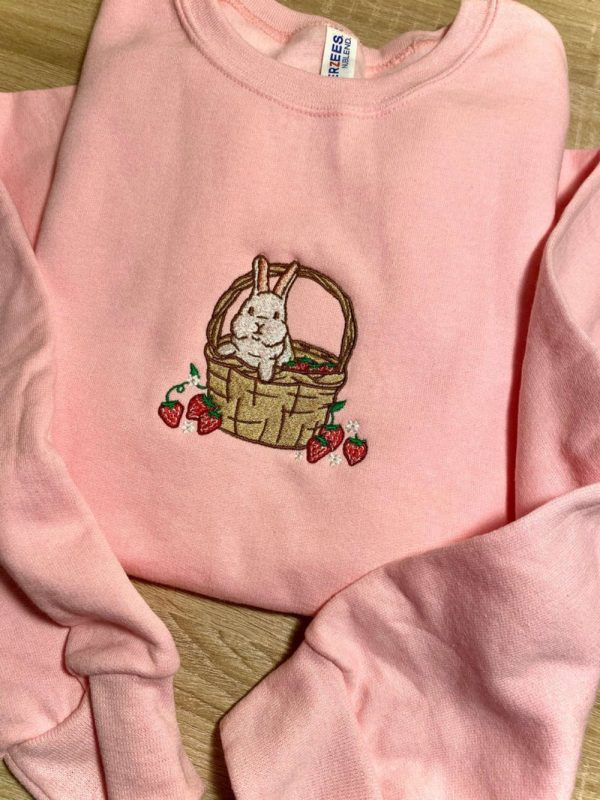 Strawberry Basket Bunny Embroidered Sweatshirt 2D Crewneck Sweatshirt  For Men And Women