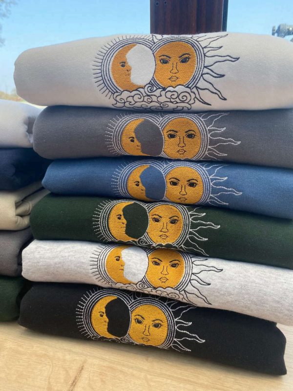 Sun and Moon Embroidered Sweatshirt 2D Crewneck Sweatshirt Best Gift For Family