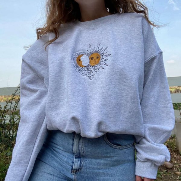 Sun and Moon Embroidered Sweatshirt 2D Crewneck Sweatshirt Best Gift For Family