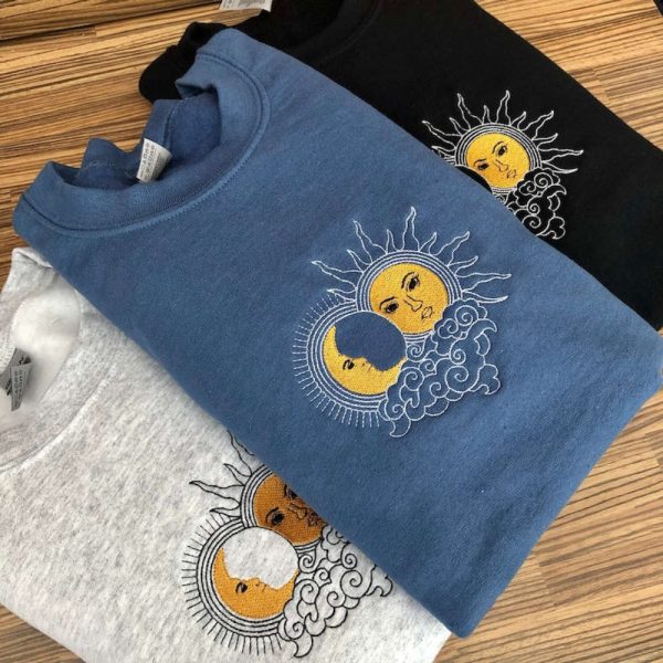 Sun and Moon Embroidered Sweatshirt 2D Crewneck Sweatshirt Best Gift For Family