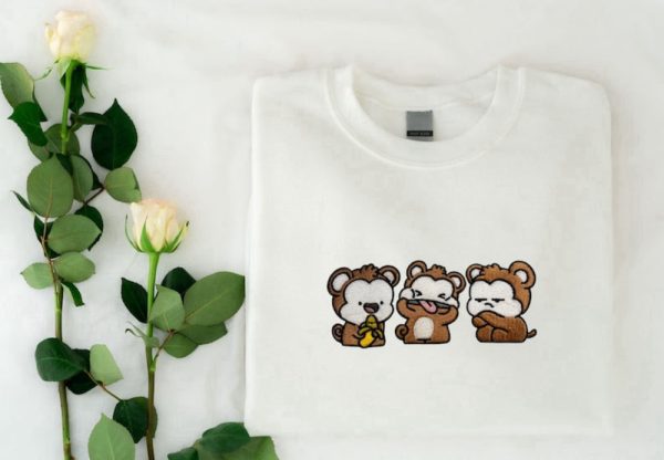 Three Monkey Embroidered Sweatshirt 2D Crewneck Sweatshirt For Family