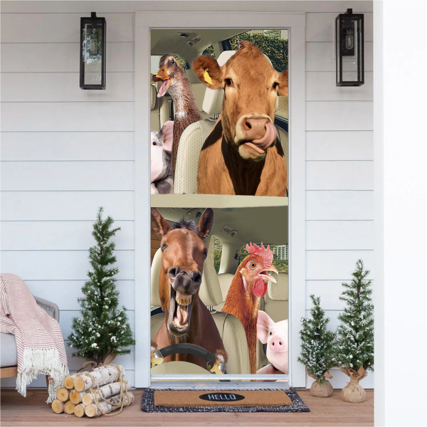 Driving Farm Animals Right Hand Funny Door Cover for Christmas Day