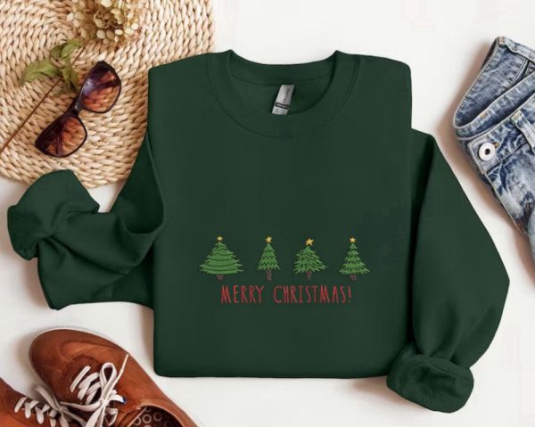 Tree Christmas Embroidery Sweatshirt, Embroidery Crewneck Sweatshirt For Family