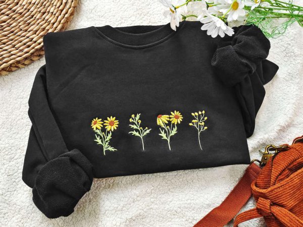 Vintage Sunflower Embroidered Sweatshirt 2D Crewneck Sweatshirt For Women And Women
