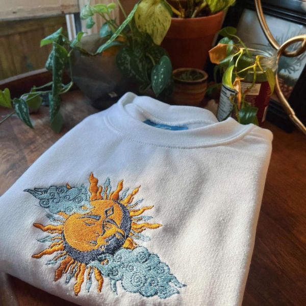 White Sun & Moon Embroidered Sweatshirt 2D Crewneck Sweatshirt Best Gift For Family