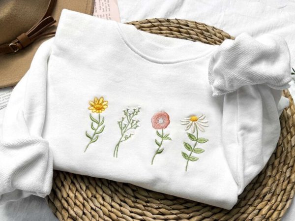 Wildflowers Embroidered Sweatshirt 2D Crewneck Sweatshirt Best Gift For Family
