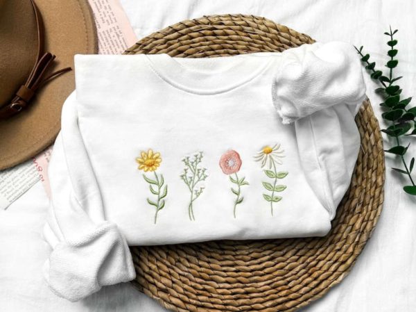 Wildflowers Embroidered Sweatshirt 2D Crewneck Sweatshirt Best Gift For Family