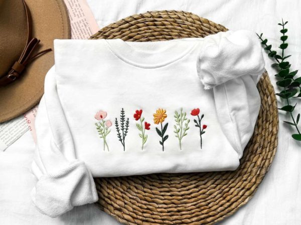 Wildflowers Embroidered Sweatshirt 2D Crewneck Sweatshirt Best Gift For Family