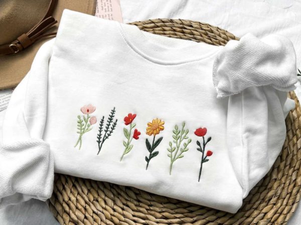 Wildflowers Embroidered Sweatshirt 2D Crewneck Sweatshirt Best Gift For Family