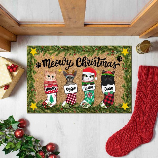 Xmas Door Mat, Meowy Christmas Doormat, Christmas Holiday Gift For Cat Lovers