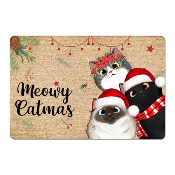 Meowy Catmas Cute Peeking Fluffy Cat Christmas Personalized Doormat, For Cat Lovers