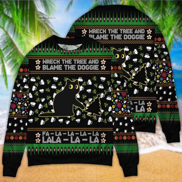 Black Cat Wreck The Tree And Blame The Doggie Merry Ugly Sweater, Gift For Christmas
