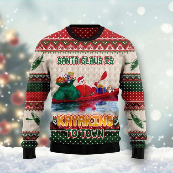 Santa Claus Is Kayaking To Town Ugly Christmas Sweater, Gift For Christmas