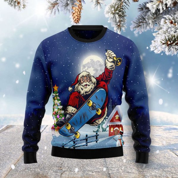 Santa Claus Playing Skateboard Ugly Christmas Sweater, Gift For Christmas