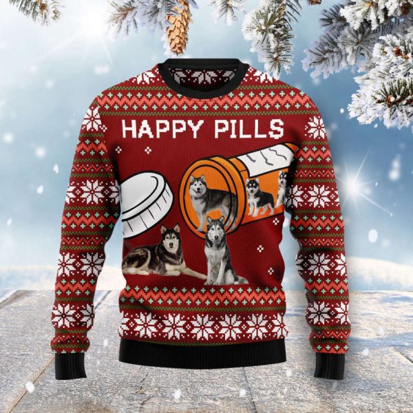 Merry Christmas Siberian Husky Happy Pills Ugly Christmas Sweater, Gift For Christmas