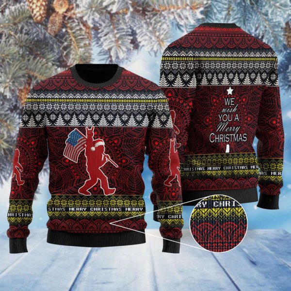 We Wish You A Merry Christmas Ho Ho Ho Bigfoot And Mandala Pattern Ugly Sweater For Family