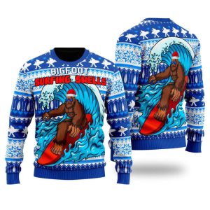 Bigfoot Surfing Swells Ugly Christmas Sweater,…