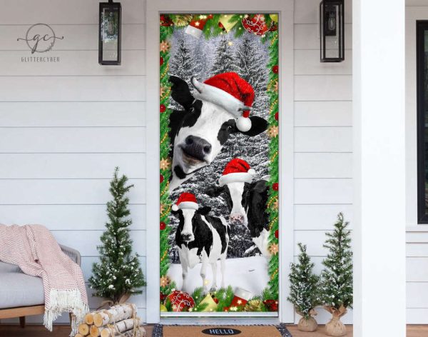 Dairy Cow Christmas Front Decor, Funny Dairy Cattle Door Cover, Gift For Christmas