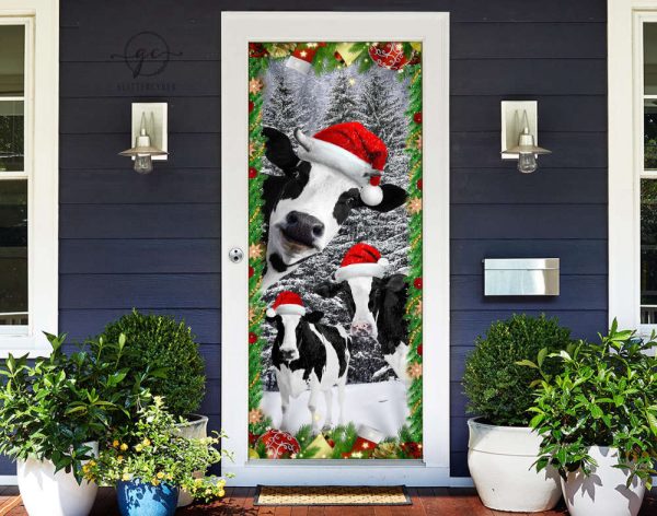Dairy Cow Christmas Front Decor, Funny Dairy Cattle Door Cover, Gift For Christmas