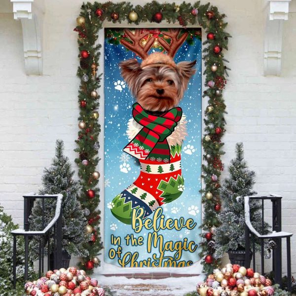 Yorkshire Terrier In Sock Door Cover – Believe In The Magic Of Christmas Door Cover