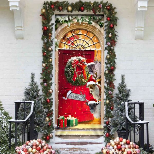 Reindeer Farmhouse Christmas Door Cover – Christmas Outdoor Decoration