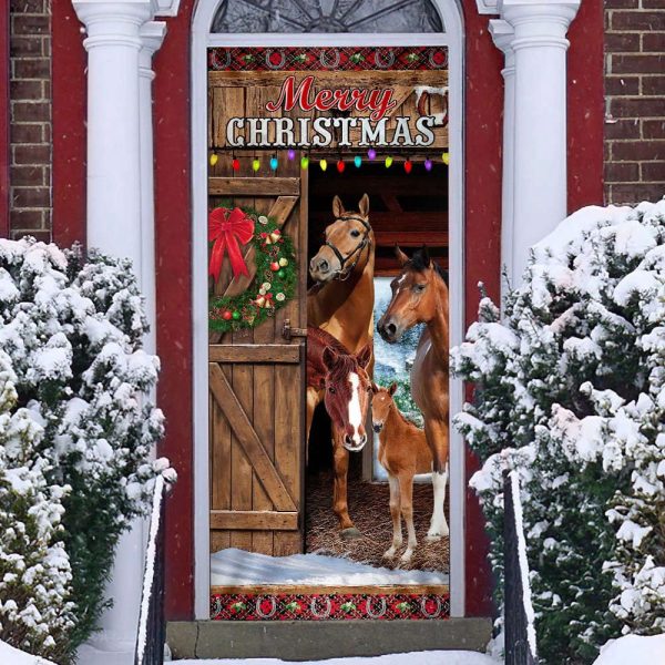 Horses Merry Christmas Door Cover – Christmas Horse Decor – Christmas Outdoor Decoration