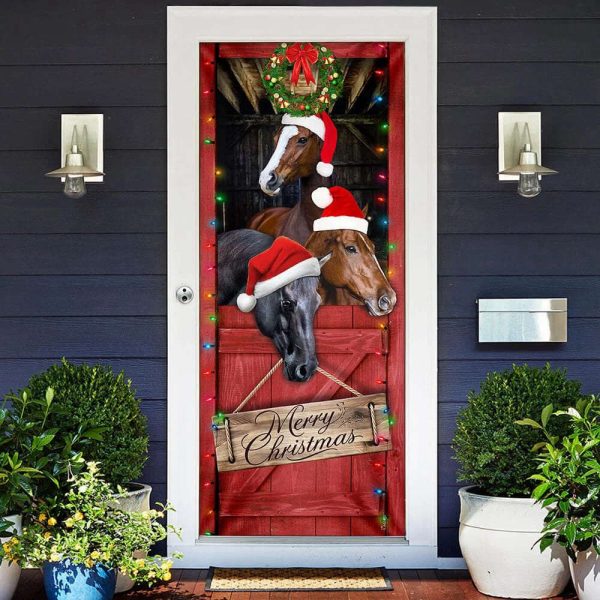 Horse Door Cover – Merry Christmas Door Cover – Christmas Horse Decor – Christmas Outdoor Decoration