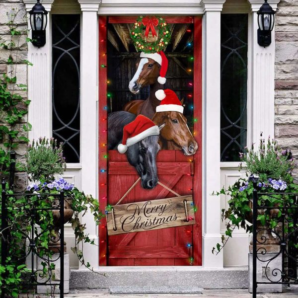 Horse Door Cover – Merry Christmas Door Cover – Christmas Horse Decor – Christmas Outdoor Decoration