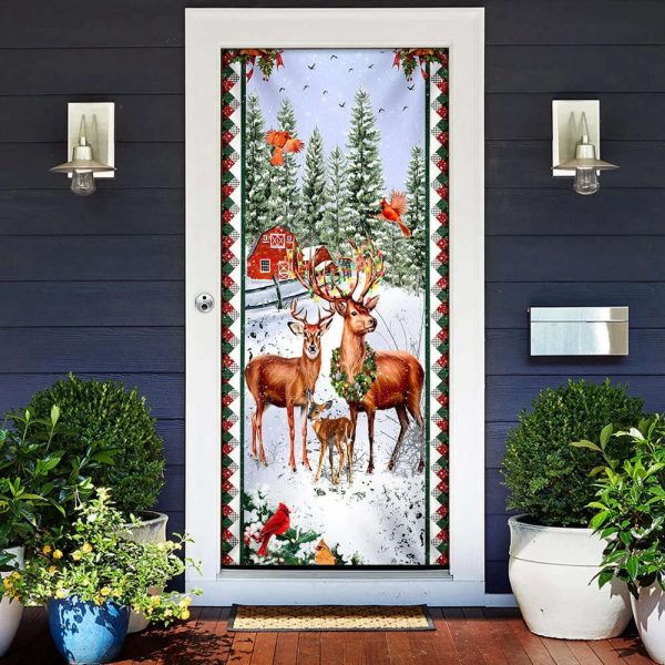 Happy Deer Family Christmas Door Cover – Deer Door Cover – Christmas Outdoor Decoration