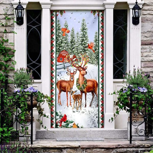 Happy Deer Family Christmas Door Cover – Deer Door Cover – Christmas Outdoor Decoration