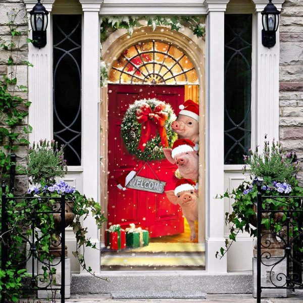 Farmhouse Pig Christmas Door Cover – Gift For Famer – Christmas Outdoor Decoration