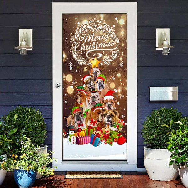 Bulldog Christmas Tree Door Cover – Merry Christmas – Front Door Christmas Cover – Gift For Decor