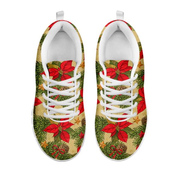 Vintage Christmas Poinsettia Print White Running Shoes, Gift For Men And Women