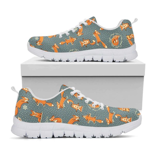 Christmas Fox Pattern Print White Running Shoes, Gift For Men And Women